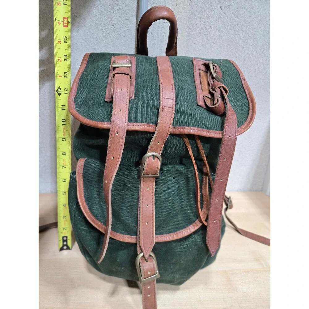Vintage Green Canvas Leather Rucksack Backpack‎ Cowhide Trim